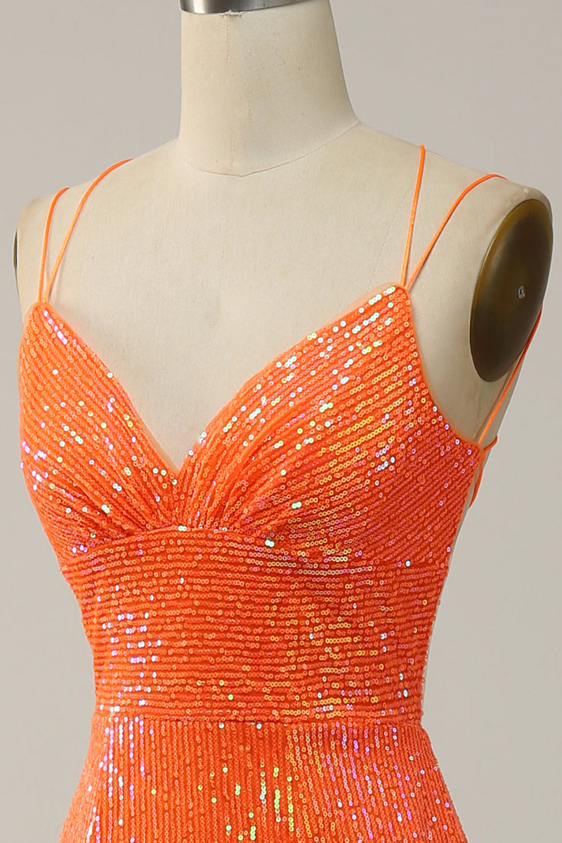 Charger l&#39;image dans la galerie, Sirène Bretelles Spaghetti Orange Paillettes Robe de Soirée avec Split Front