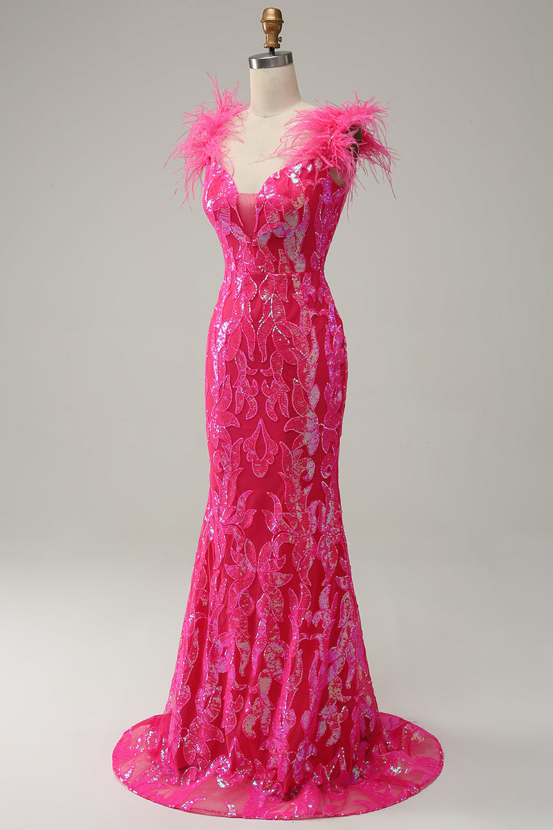 Charger l&#39;image dans la galerie, Sirène Deep V Neck Paillettes Fuchsia Longue Robe de soirée avec plumes