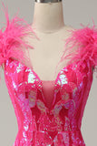 Sirène Deep V Neck Paillettes Fuchsia Longue Robe de soirée avec plumes