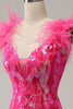 Charger l&#39;image dans la galerie, Sirène Deep V Neck Paillettes Fuchsia Longue Robe de soirée avec plumes