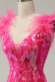 Sirène Deep V Neck Paillettes Fuchsia Longue Robe de soirée avec plumes