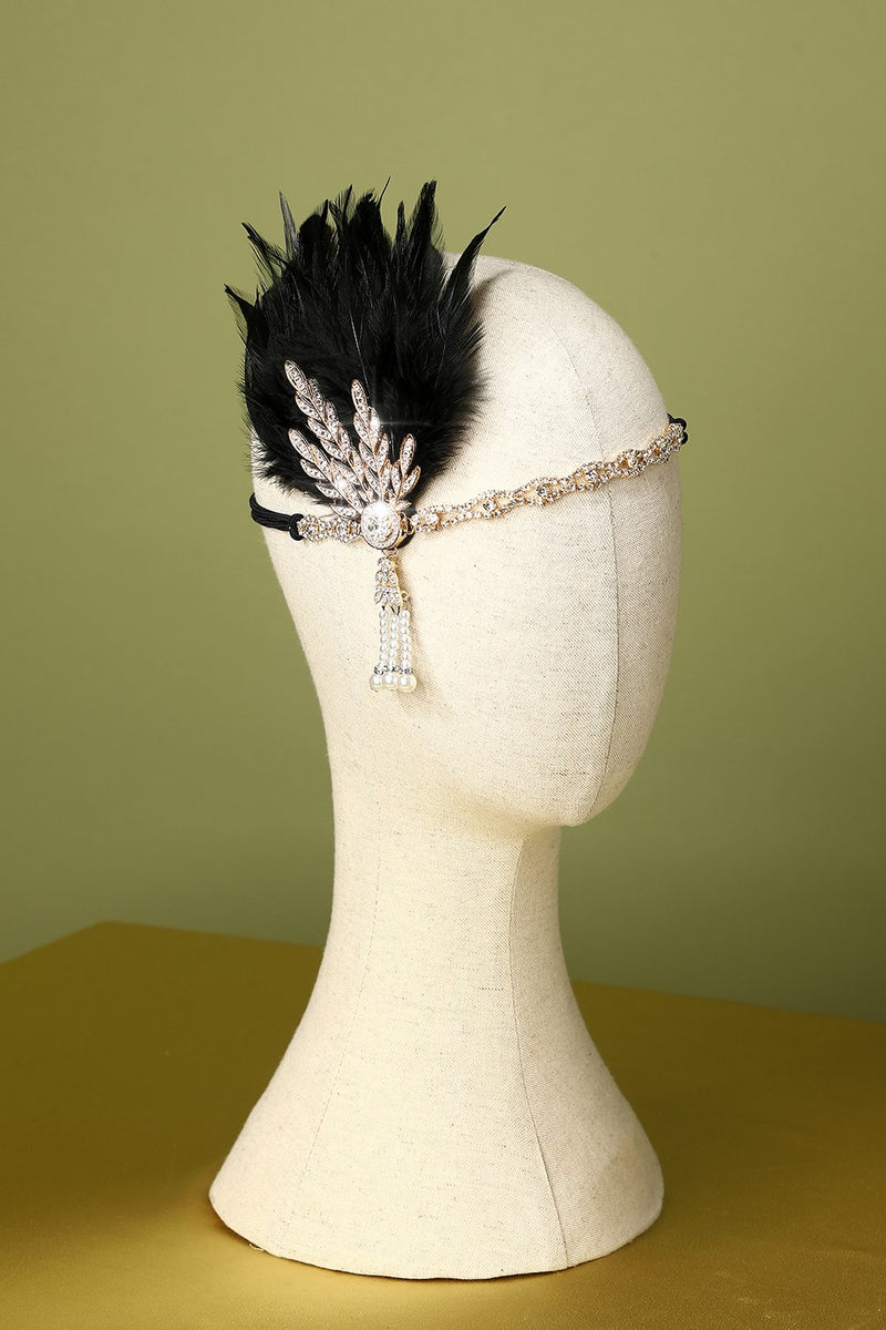 Charger l&#39;image dans la galerie, Bandeau à clapet perle plume noire des années 1920