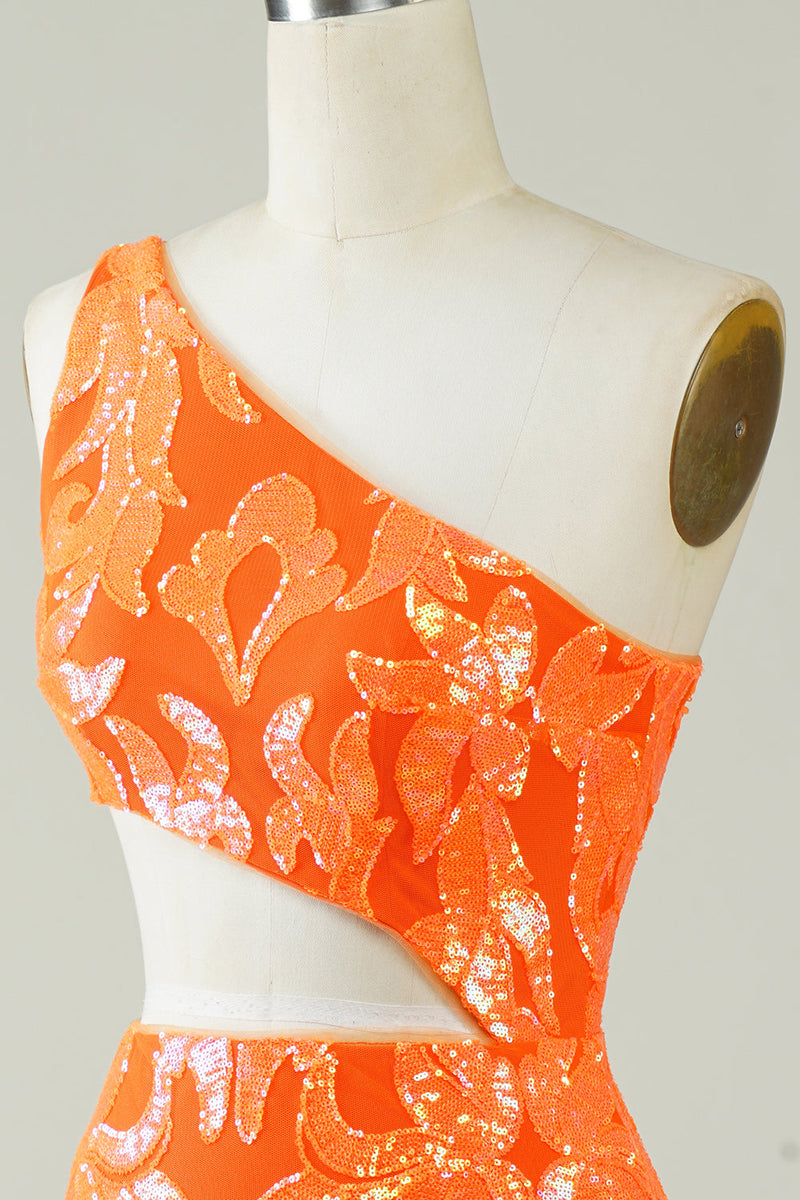 Charger l&#39;image dans la galerie, Robe de cocktail orange à paillettes à paillettes avec vidange