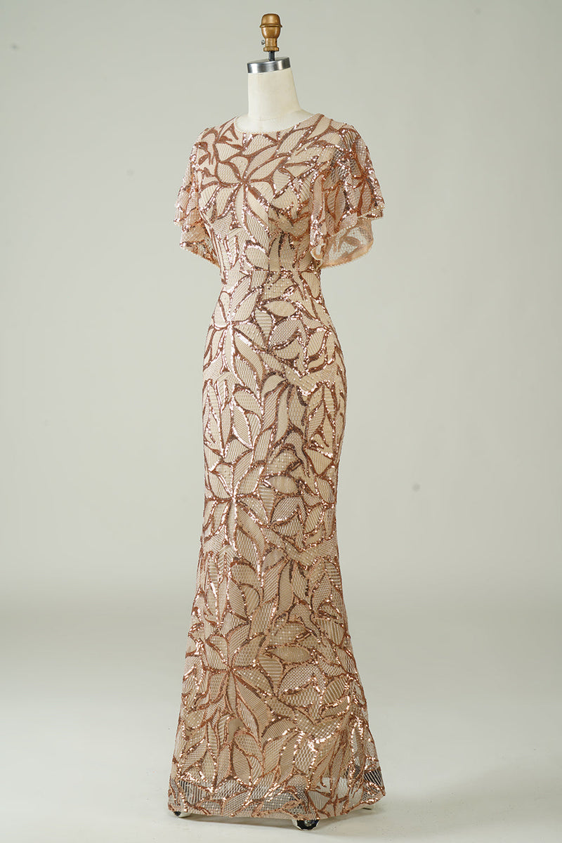 Charger l&#39;image dans la galerie, Paillettes Champagne Robe longue de Soirée avec dos fendu
