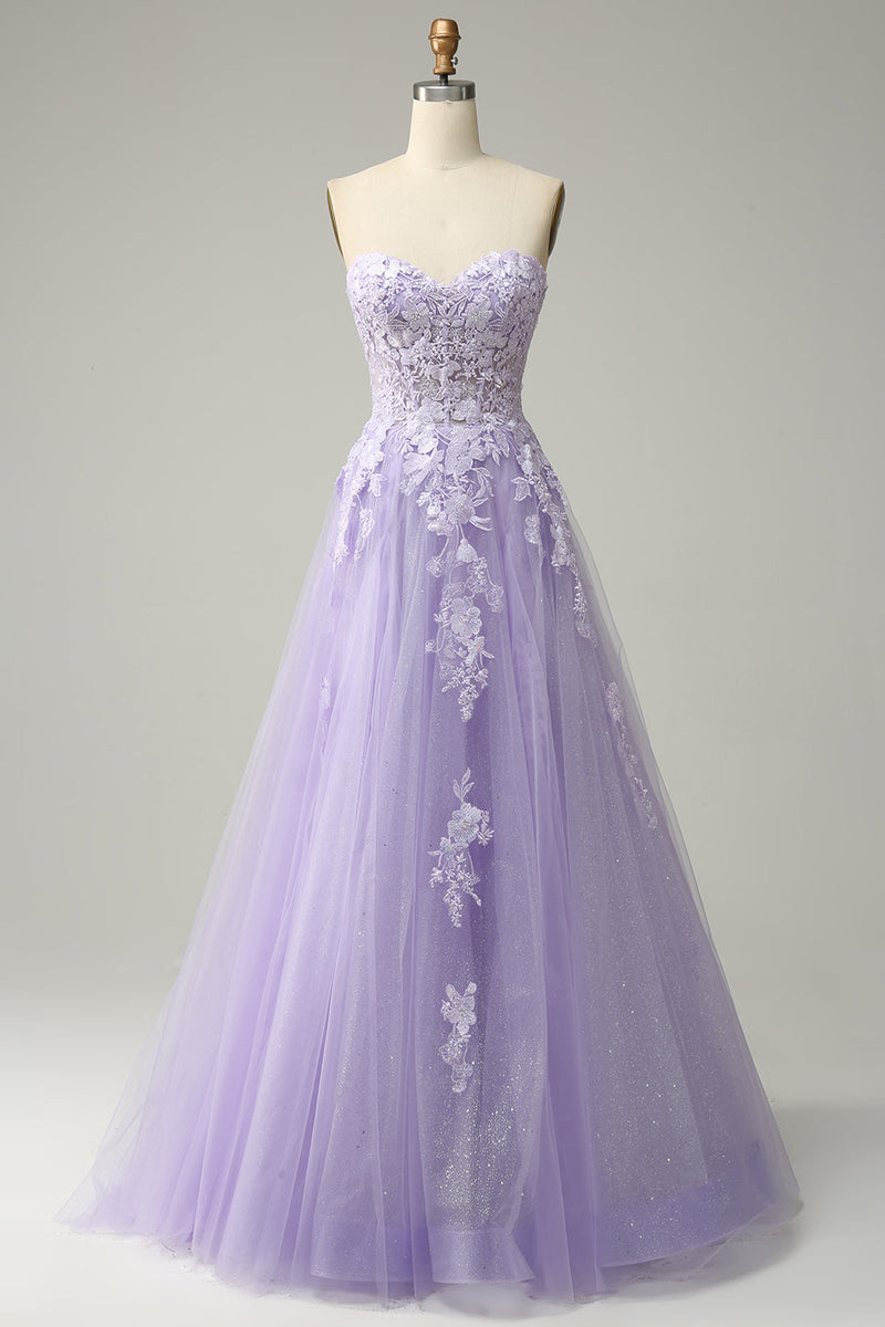 Charger l&#39;image dans la galerie, Une ligne de bretelles spaghetti longue robe de soirée violette avec appliques