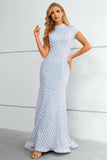 Bleu clair Pailleté Col Haut Manches Courtes Robe de bal Sirène