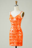 Robe de cocktail moulante à paillettes orange avec dos sans dos