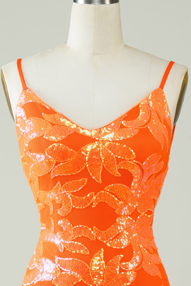 Charger l&#39;image dans la galerie, Robe de cocktail moulante à paillettes orange avec dos sans dos
