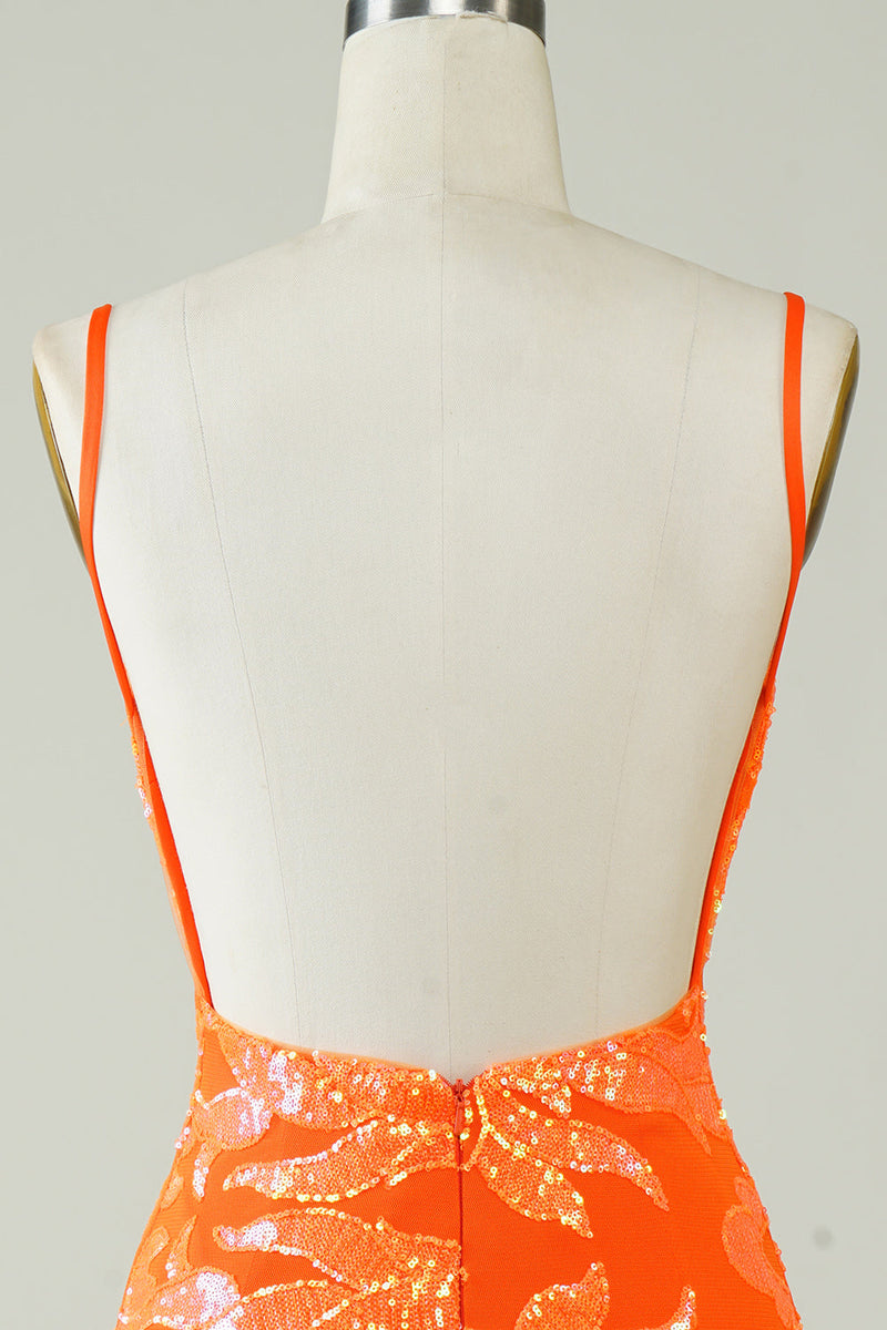 Charger l&#39;image dans la galerie, Robe de cocktail moulante à paillettes orange avec dos sans dos