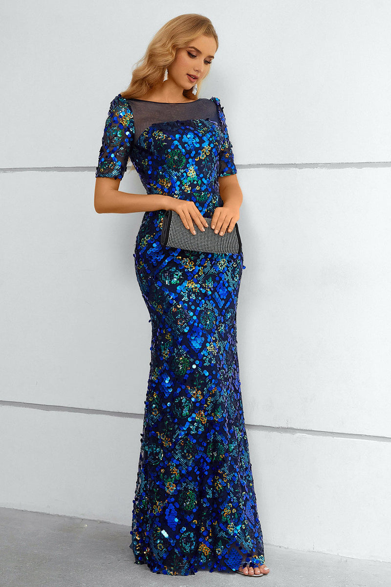 Charger l&#39;image dans la galerie, Robe formelle à manches courtes à paillettes bleu royal
