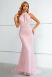 Rose Pailleté Halter Col Trou de serrure Backless Mermaid Prom Robe