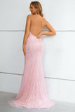 Rose Pailleté Halter Col Trou de serrure Backless Mermaid Prom Robe