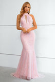 Rose Pailleté Halter Col Trou de serrure Backless Mermaid Prom Robe