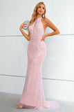 Rose Pailleté Halter Col Trou de serrure Backless Mermaid Prom Robe