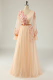 EleganT A Line V Neck Abricot Long Prom Robe avec Appliques