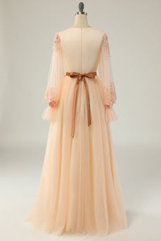 EleganT A Line V Neck Abricot Long Prom Robe avec Appliques