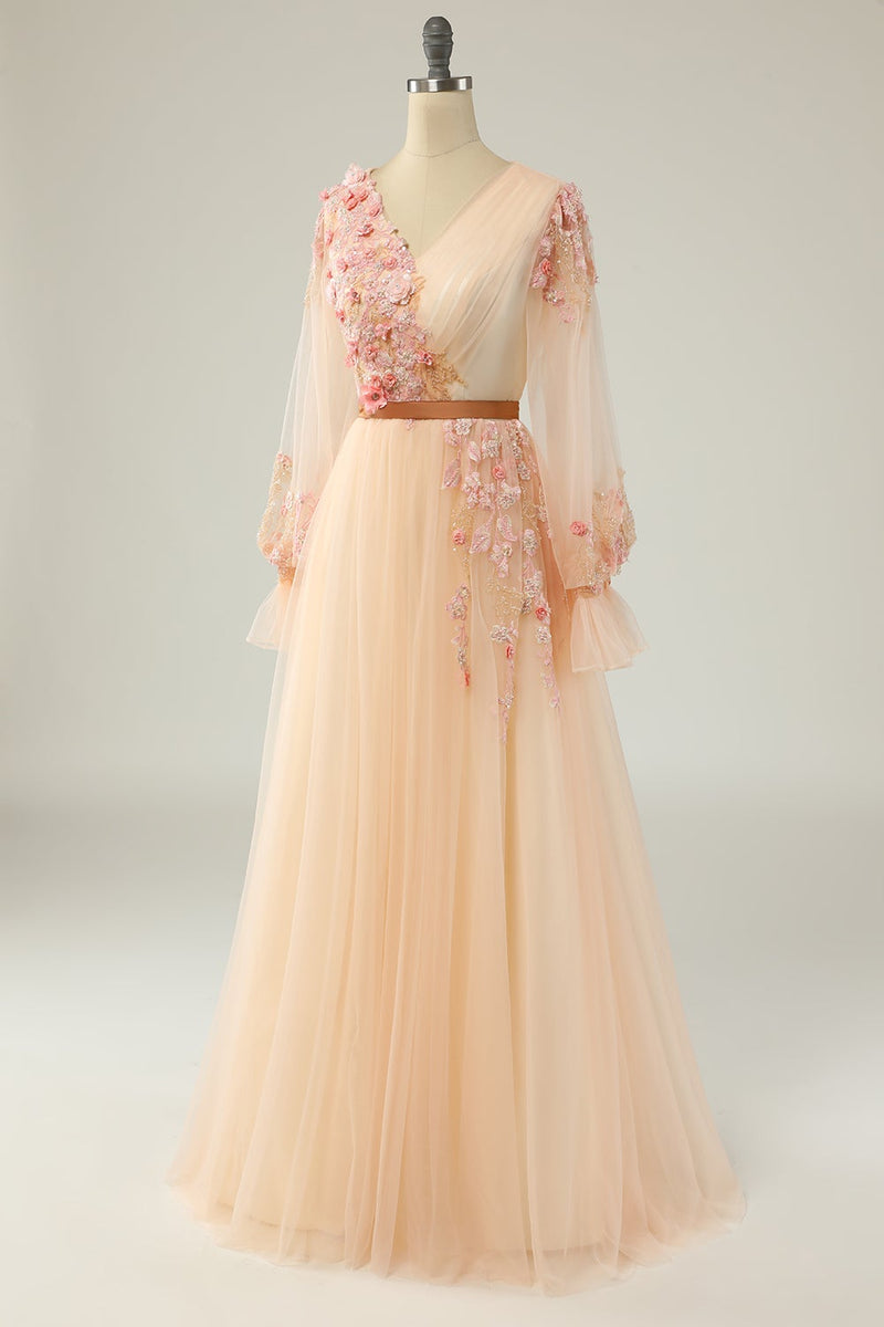 Charger l&#39;image dans la galerie, EleganT A Line V Neck Abricot Long Prom Robe avec Appliques