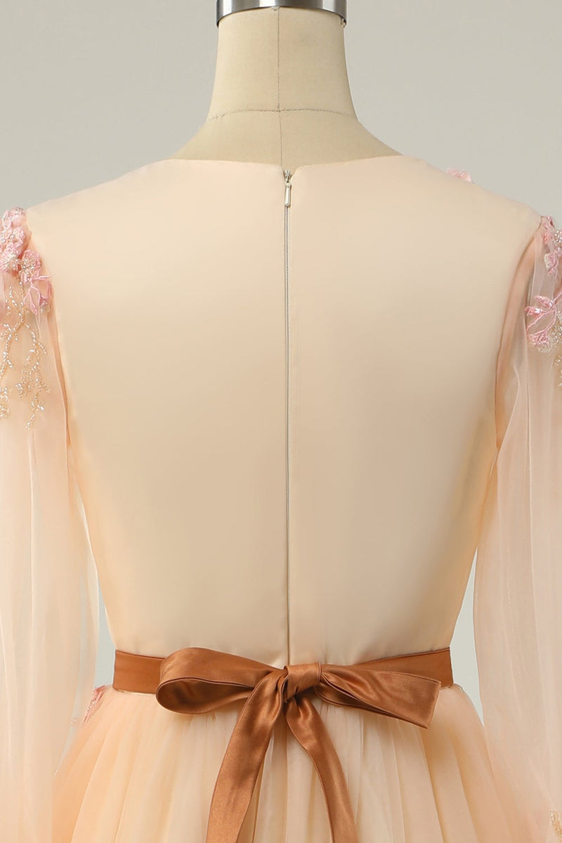 Charger l&#39;image dans la galerie, EleganT A Line V Neck Abricot Long Prom Robe avec Appliques