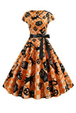 Orange Imprimé Halloween Vintage 1950s Robe