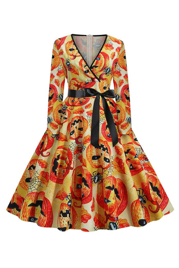 Orange Latern Imprimé Halloween Vintage 1950s Robe avec Manches