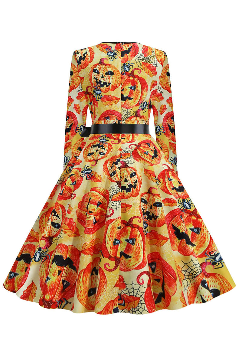 Charger l&#39;image dans la galerie, Orange Latern Imprimé Halloween Vintage 1950s Robe avec Manches