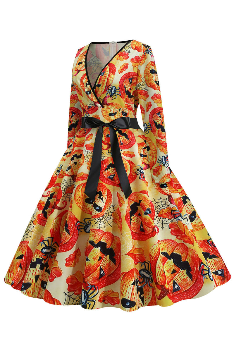 Charger l&#39;image dans la galerie, Orange Latern Imprimé Halloween Vintage 1950s Robe avec Manches