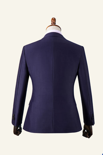 Bleu foncé Grille de revers crantée 3 pièces Costume pour homme
