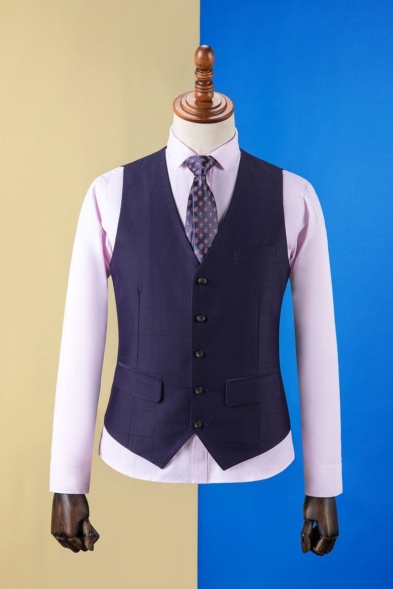 Charger l&#39;image dans la galerie, Bleu foncé Grille de revers crantée 3 pièces Costume pour homme