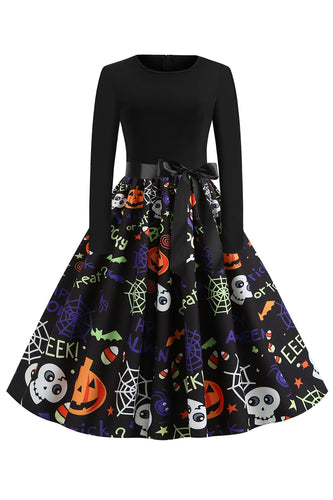 Halloween Print Robe Vintage Manches Longues