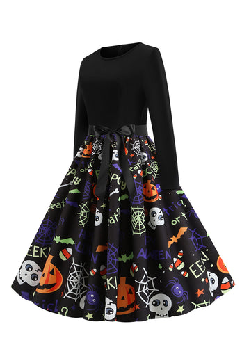 Halloween Print Robe Vintage Manches Longues