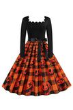 Robe rétro d’Halloween imprimée orange à manches longues
