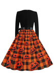 Robe rétro d’Halloween imprimée orange à manches longues