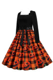 Robe rétro d’Halloween imprimée orange à manches longues