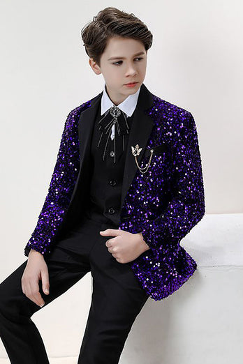 Sparkly Purple Sequins Ensemble de costume formel 3 pièces pour garçons
