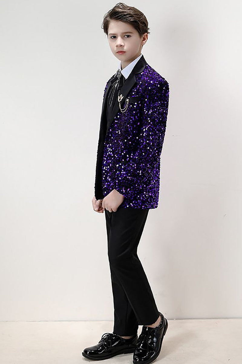 Charger l&#39;image dans la galerie, Sparkly Purple Sequins Ensemble de costume formel 3 pièces pour garçons