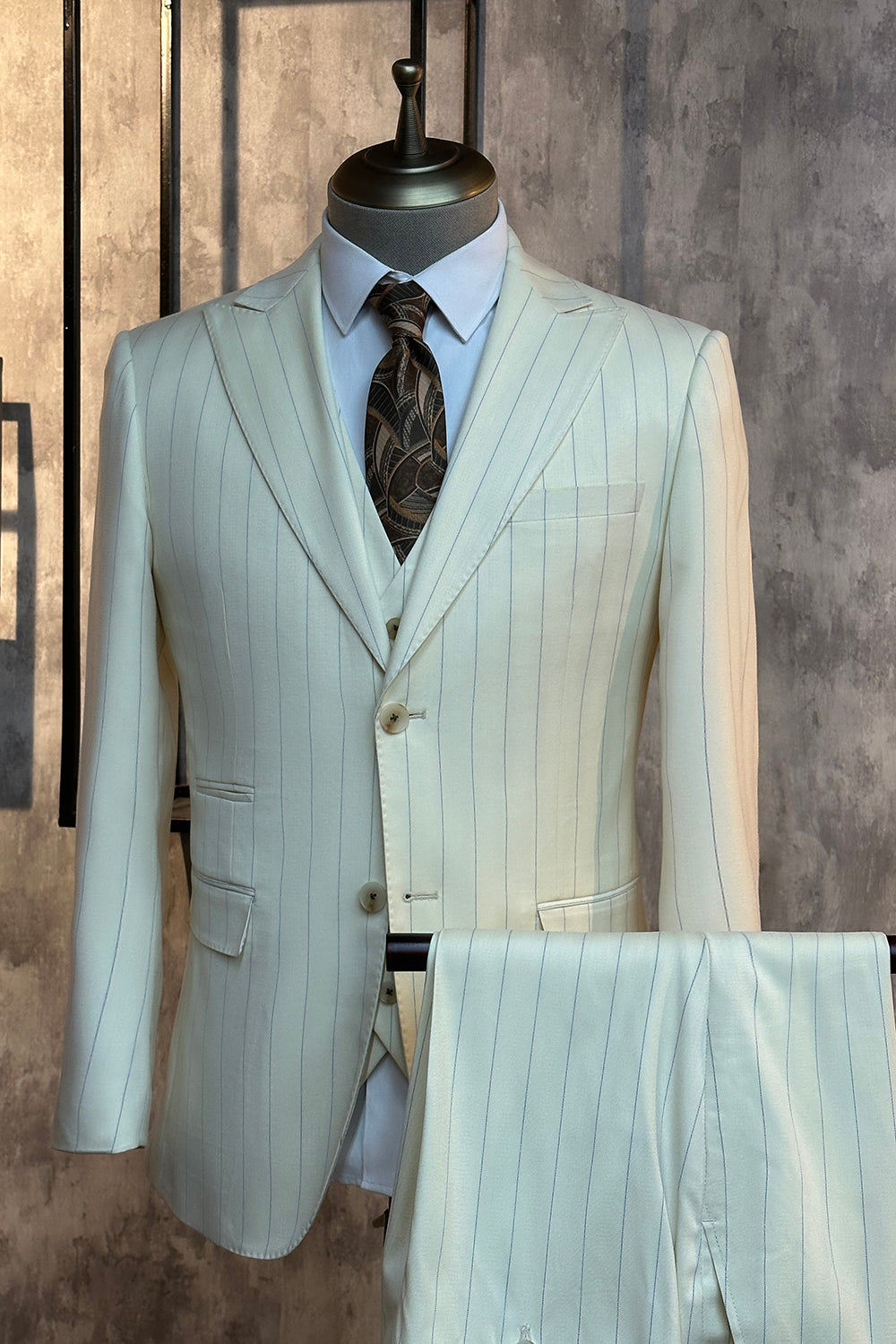 Blanc Pinstriped 3 pièces Costume Homme