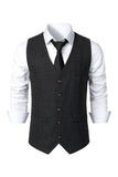 Gilet décontracté rétro noir à simple boutonnage à col en V pour hommes