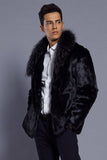 Noir Revers Cou Recadré Fausse Fourrure Hommes Manteau