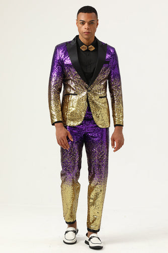 Hommes 2 pièces Ombre Sequins Purple Slim Fit Notched Revers Prom Suits