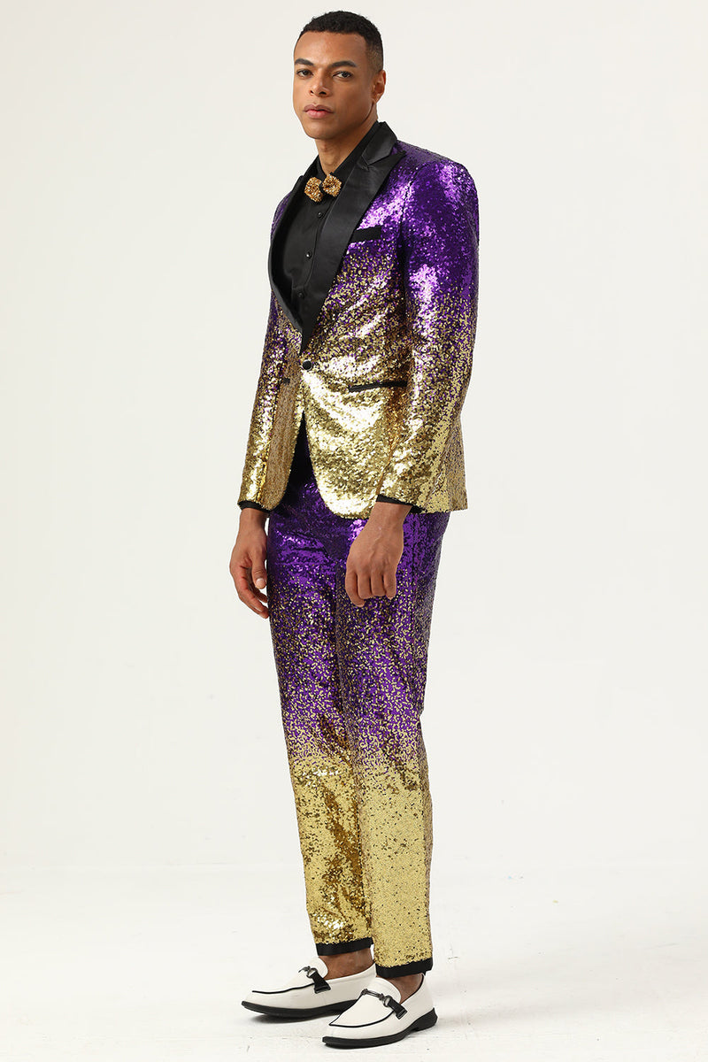 Charger l&#39;image dans la galerie, Hommes 2 pièces Ombre Sequins Purple Slim Fit Notched Revers Prom Suits