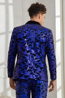 Châle Revers Un Bouton Bleu royal Paillettes Homme 2 Pièces Costumes