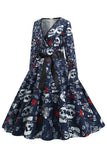 V Neck Skull Imprimé Marine Robe d’Halloween