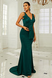 Robe de bal de sirène à col V vert foncé