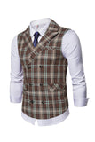 Col à revers Double Poitrine Décontracté Café Costume Hommes Grille Gilet