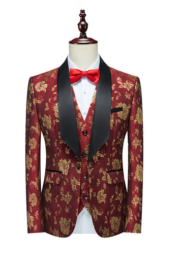 Red Jacquard Shawl Lapel 3 Pièces Costumes Homme