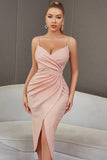 Blush Bodycon Spaghetti Straps Robe de cocktail avec fente