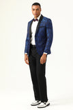 One Button Blue Shawl Lapel Jacquard Men’s Prom Blazer