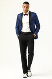 One Button Blue Shawl Lapel Jacquard Men’s Prom Blazer