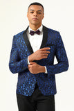 One Button Blue Shawl Lapel Jacquard Men’s Prom Blazer