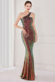 Robe de soirée sirène à paillettes à une épaule colorée